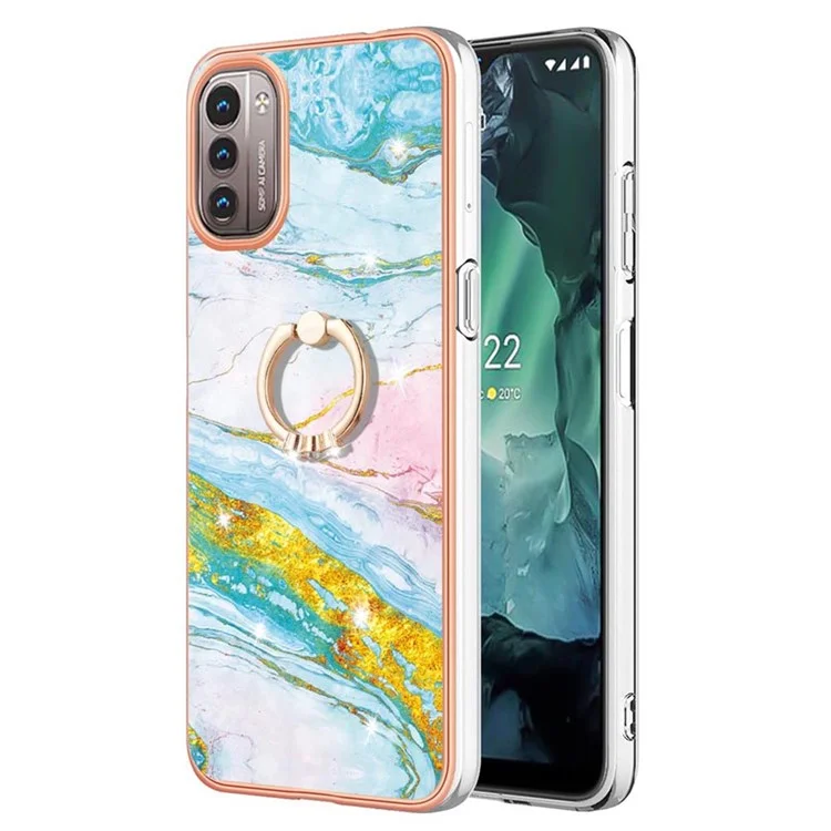 Série YB IMD-10 pour Nokia G21/G11 Coque de téléphone en marbre IMD TPU avec support annulaire pivotant, cadre électrolytique - Vert 004