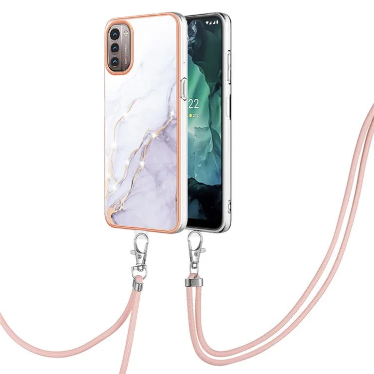 Série YB IMD-9 para Nokia G21/G11 IMD Marble Pattern TPU Case Electroplating Frame Mobile Phone Cover with Lanyard - Branco 006