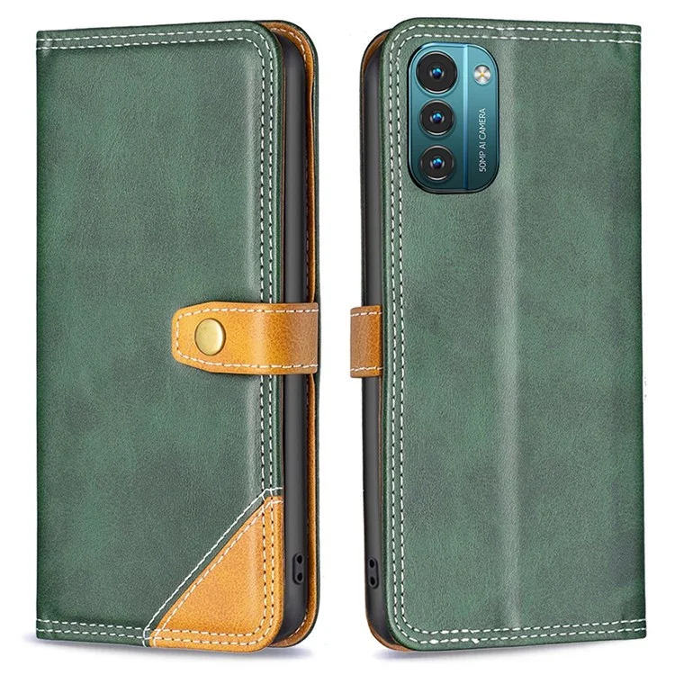 Color Binfen Para Nokia G21/G11 BF Series de Cuero-8 de 12 Estados de Estilo Ajustable Con Diseño de Ranuras Para Tarjetas, Estuche de Cuero de Empalme Cubierta de Líneas de Costura - Verde