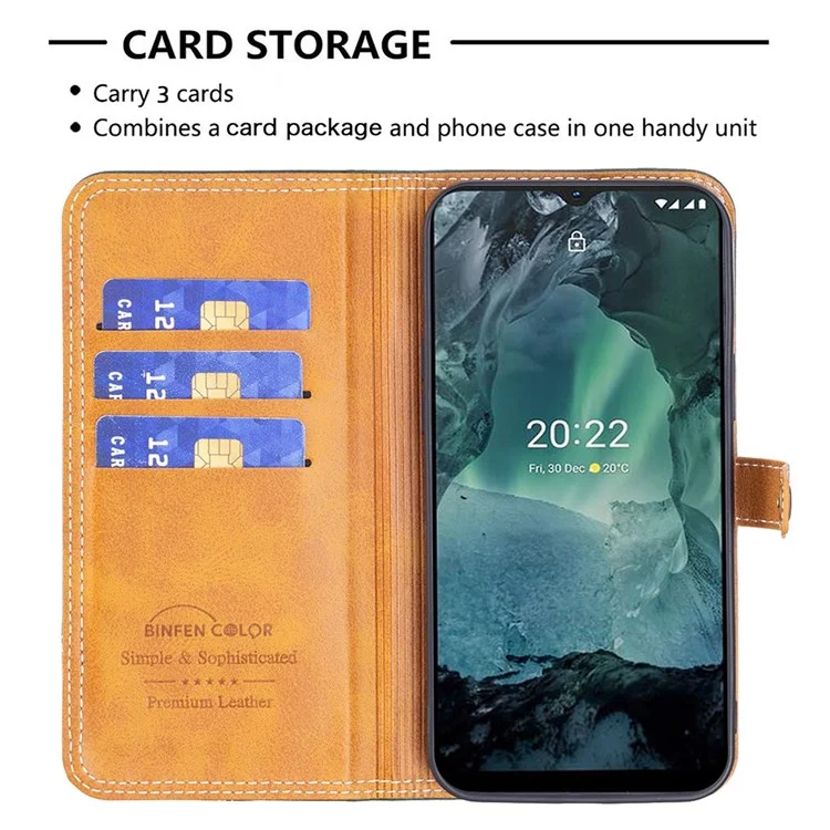 Color Binfen Para Nokia G21/G11 BF Series de Cuero-8 de 12 Estados de Estilo Ajustable Con Diseño de Ranuras Para Tarjetas, Estuche de Cuero de Empalme Cubierta de Líneas de Costura - Verde