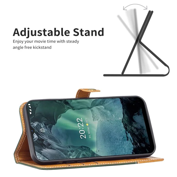 Color Binfen Para Nokia G21/G11 BF Series de Cuero-8 de 12 Estados de Estilo Ajustable Con Diseño de Ranuras Para Tarjetas, Estuche de Cuero de Empalme Cubierta de Líneas de Costura - Verde