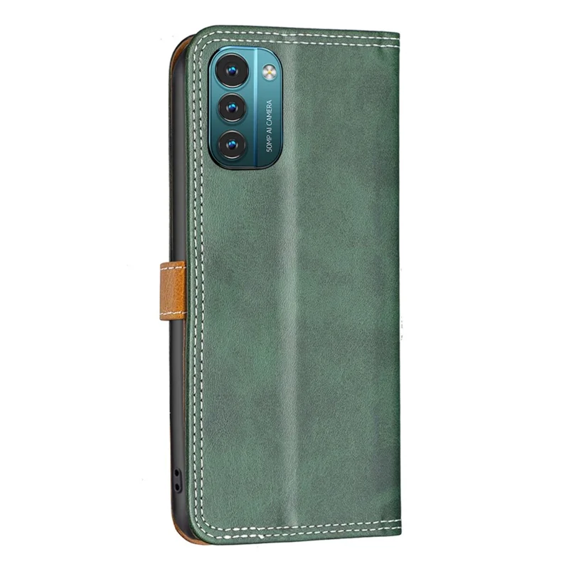 Color Binfen Para Nokia G21/G11 BF Series de Cuero-8 de 12 Estados de Estilo Ajustable Con Diseño de Ranuras Para Tarjetas, Estuche de Cuero de Empalme Cubierta de Líneas de Costura - Verde