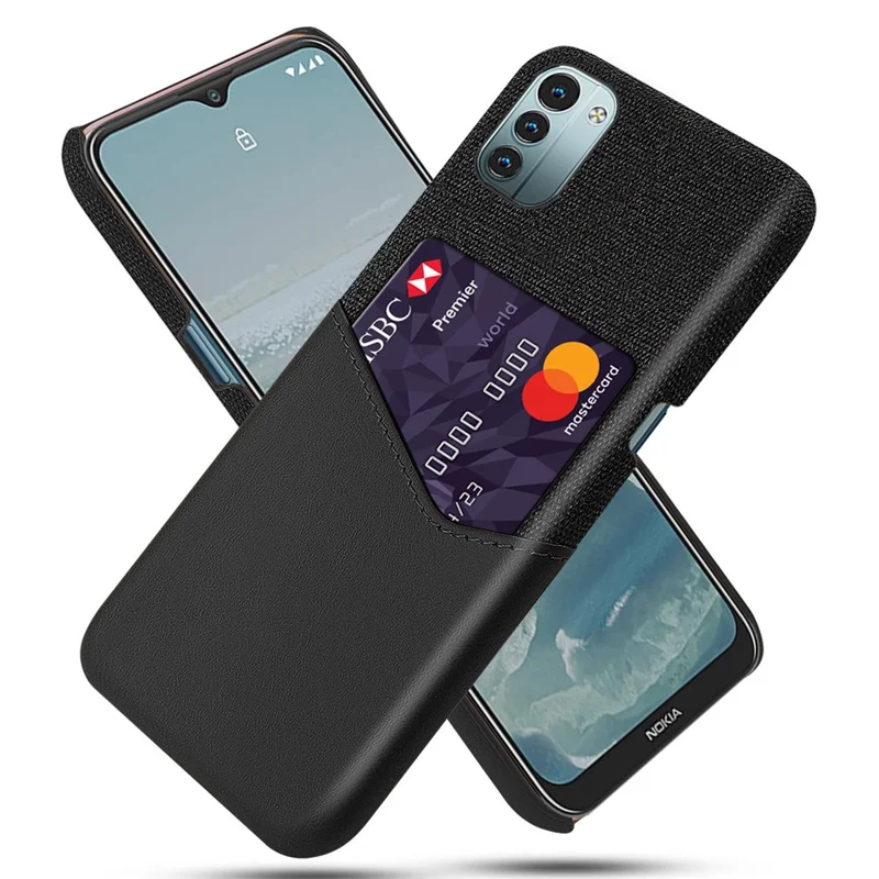 For Nokia G11/G21 Cell Phone Cover Anti-scratch Card Slots Cloth Texture PC + PU Leather Anti-fall Back Case - Black