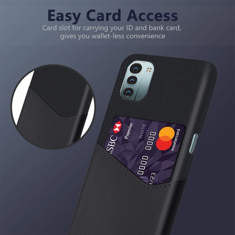 For Nokia G11/G21 Cell Phone Cover Anti-scratch Card Slots Cloth Texture PC + PU Leather Anti-fall Back Case - Black