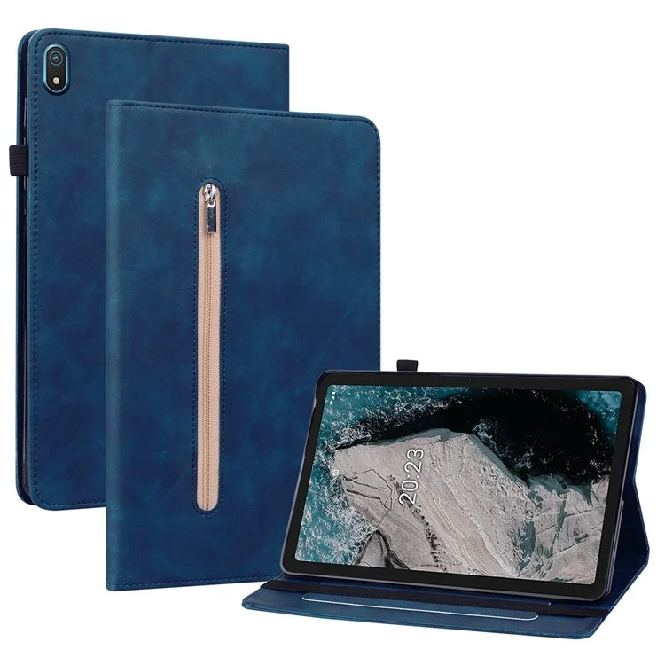 Pour Nokia T20 Housse de protection pour tablette de couleur unie avec poche zippée, fentes pour cartes, protection anti-chute en cuir PU et support - Bleu foncé