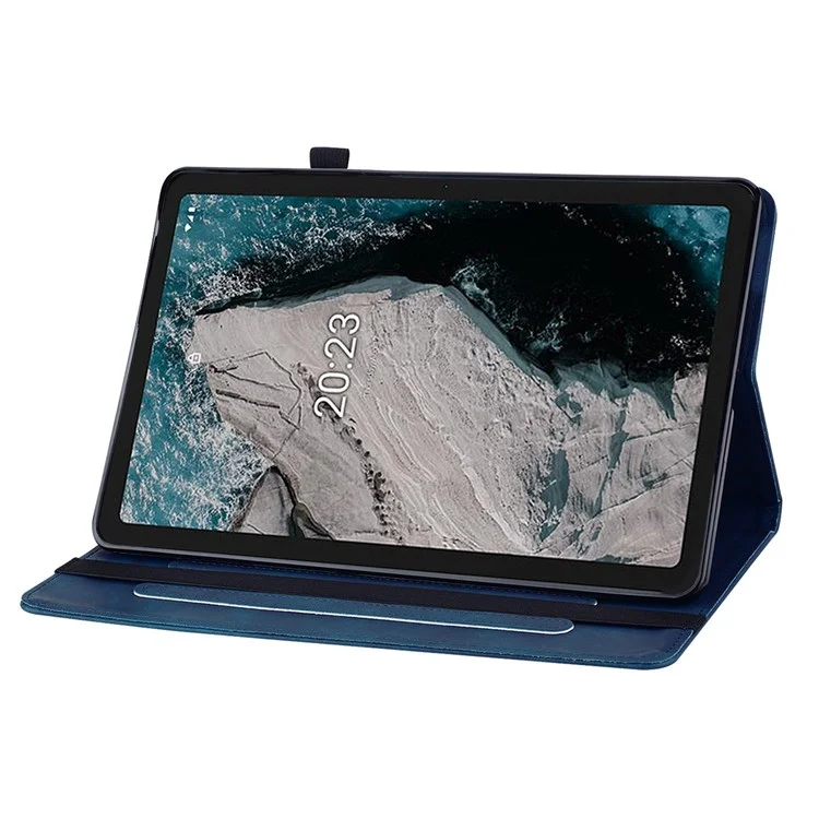 Pour Nokia T20 Housse de protection pour tablette de couleur unie avec poche zippée, fentes pour cartes, protection anti-chute en cuir PU et support - Bleu foncé