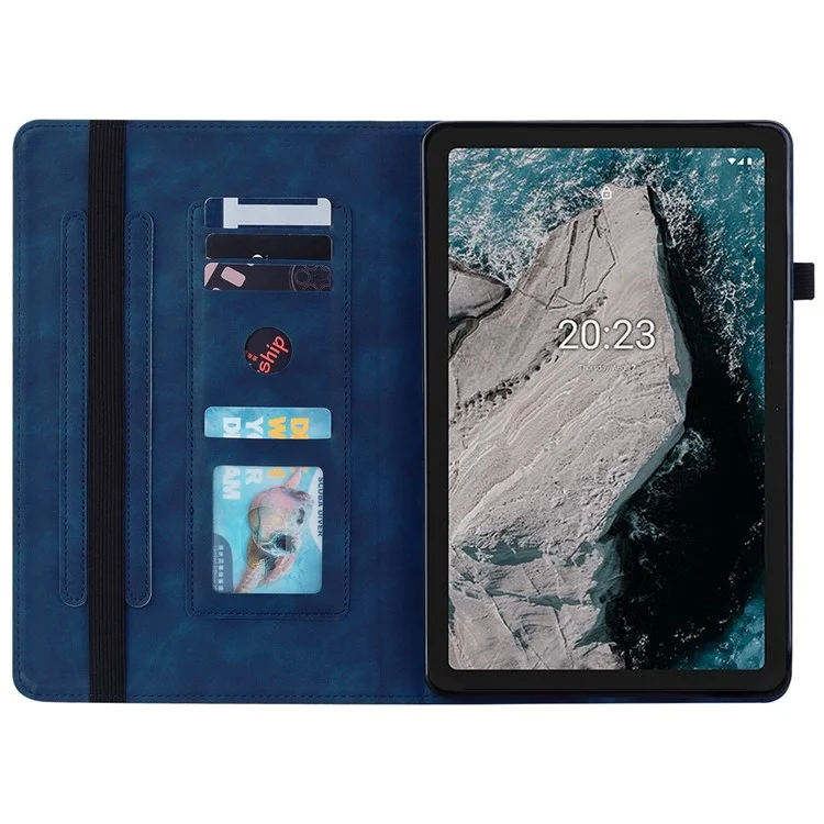 Pour Nokia T20 Housse de protection pour tablette de couleur unie avec poche zippée, fentes pour cartes, protection anti-chute en cuir PU et support - Bleu foncé