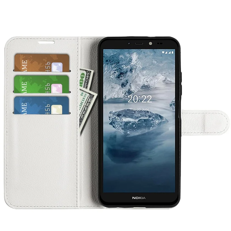 Litchi-structuurhoes voor Nokia C2 2e editie, inklapbare standaard PU-lederen portemonnee mobieltjeshoes - Wit