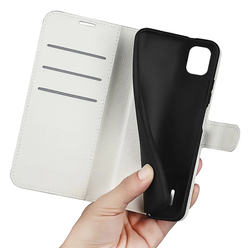 Litchi-structuurhoes voor Nokia C2 2e editie, inklapbare standaard PU-lederen portemonnee mobieltjeshoes - Wit