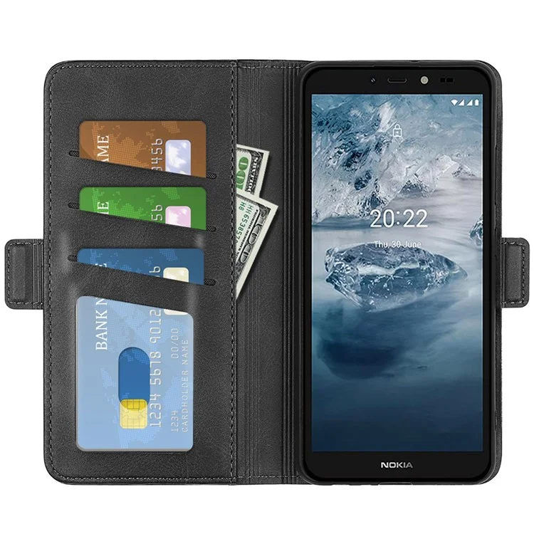 Pour Nokia C2 2nd Edition Dual Magnetic Clasp Stand Pu Leather Case Folio Flip Phone Portefeuille Couvercle Protecteur - Le Noir