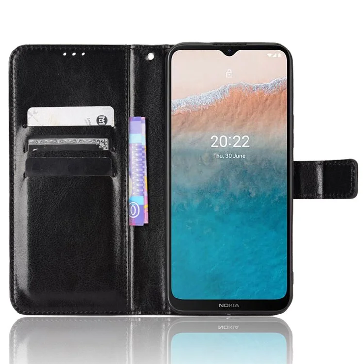 Pour Nokia C21 Plus Crazy Horse Texture PU Leather Magnetic Case Anti-scratch TPU Inner Shell Shockproof Viewing Stand Flip Wallet Cover - Noir