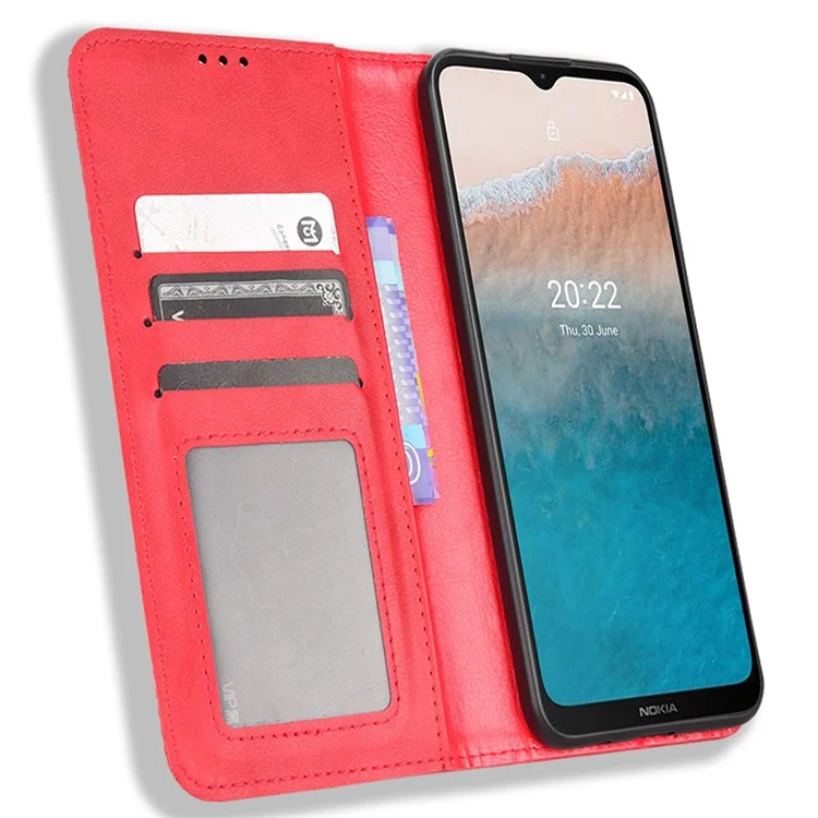 For Nokia C21 Plus Retro Surface Anti-Scratch Wallet Leather Phone Case Mobile Phone Protector with Stand - Red