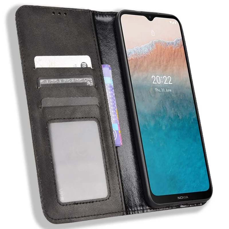 Для Nokia C21 Plus Retro Surface Anti-Scratch Wallet Leather Phone Case Mobile Phone Protector with Stand - Black