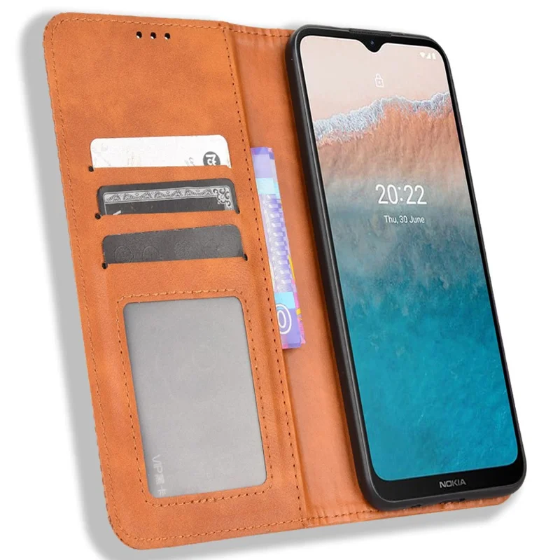 For Nokia C21 Plus Retro Surface Anti-Scratch Wallet Leather Phone Case Mobile Phone Protector with Stand - Brown