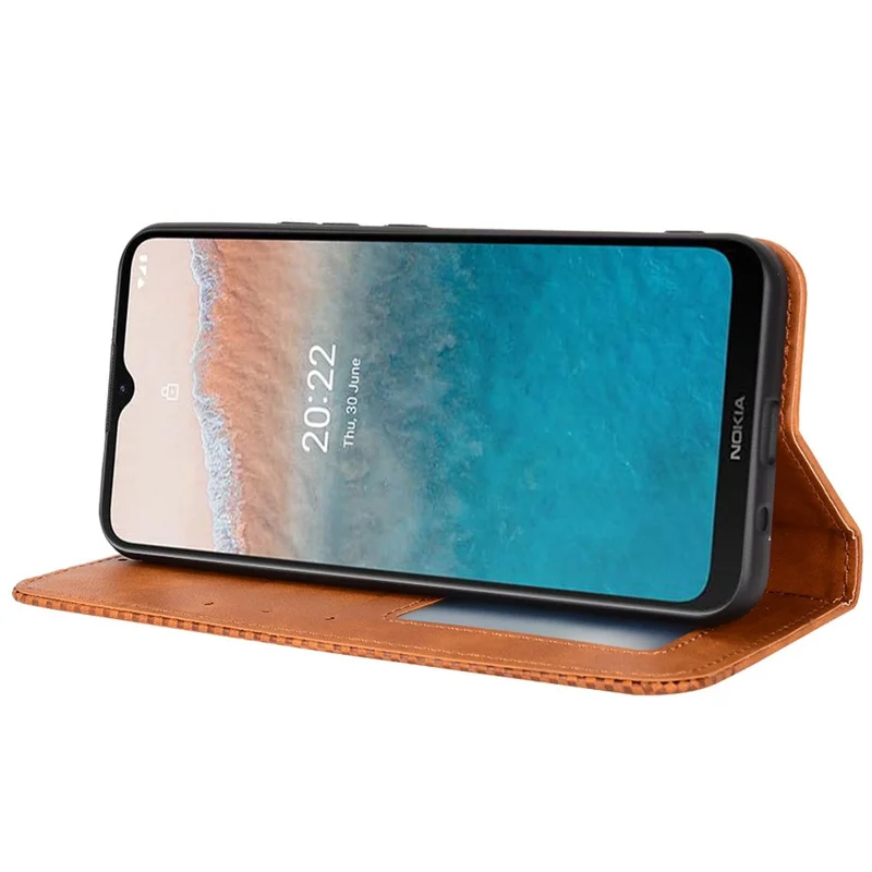 For Nokia C21 Plus Retro Surface Anti-Scratch Wallet Leather Phone Case Mobile Phone Protector with Stand - Brown