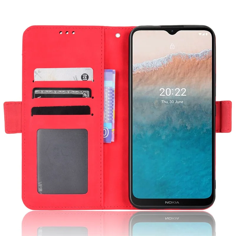 Protective Case for Nokia C21 Plus Folio Flip Anti-drop Wallet Style Phone Cover PU Leather Case with Multiple Card Slots - Red