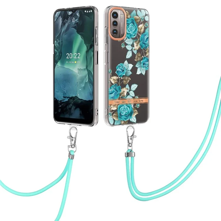 Serie YB IMD-11 Para Nokia G21 4G/G11 4G TPU Soft TPU IML Patrón de Flores de Electroplatación Cubierta de Teléfono IMD Con Cordón - HC002 Blue Rose