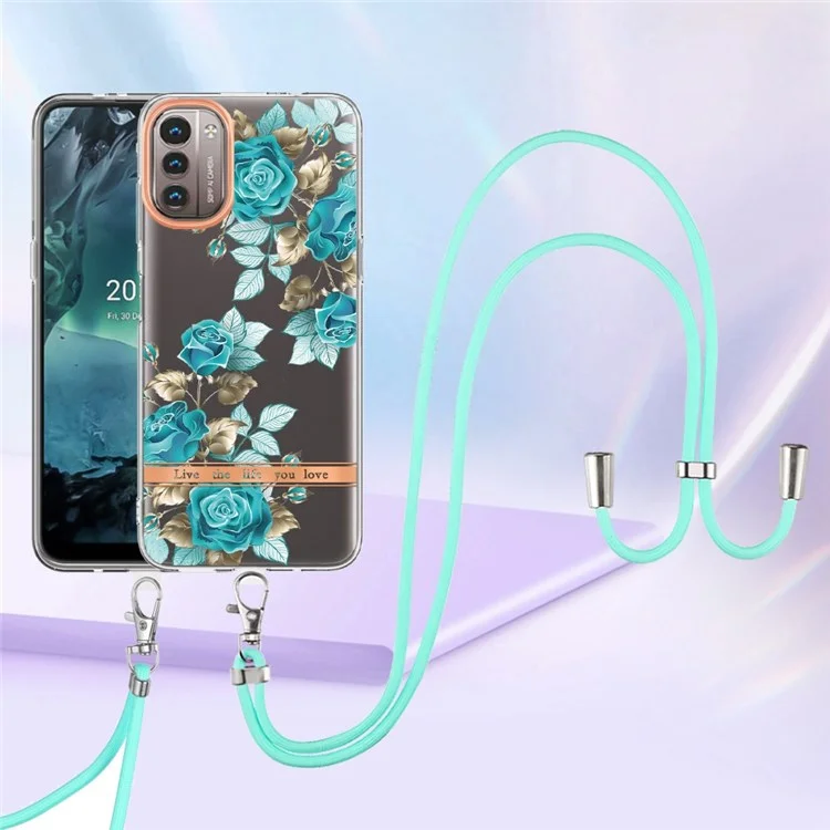 Serie YB IMD-11 Para Nokia G21 4G/G11 4G TPU Soft TPU IML Patrón de Flores de Electroplatación Cubierta de Teléfono IMD Con Cordón - HC002 Blue Rose