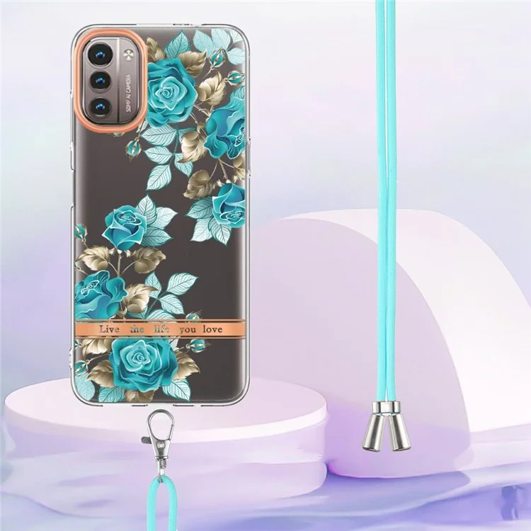 Serie YB IMD-11 Para Nokia G21 4G/G11 4G TPU Soft TPU IML Patrón de Flores de Electroplatación Cubierta de Teléfono IMD Con Cordón - HC002 Blue Rose