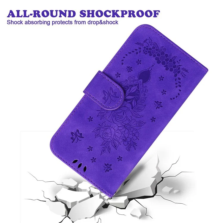 Pour Nokia C21 Plus All-round Shockproof Flip Folio Case Imprinting Roses Butterflies Phone Cover PU Leather Wallet Stand with Strap - Purple