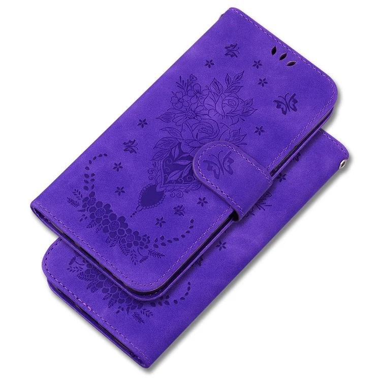 Pour Nokia C21 Plus All-round Shockproof Flip Folio Case Imprinting Roses Butterflies Phone Cover PU Leather Wallet Stand with Strap - Purple