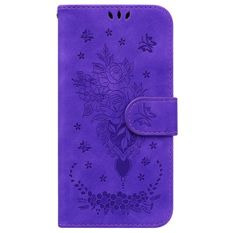 Pour Nokia C21 Plus All-round Shockproof Flip Folio Case Imprinting Roses Butterflies Phone Cover PU Leather Wallet Stand with Strap - Purple