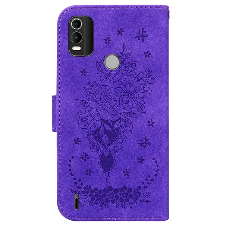 Pour Nokia C21 Plus All-round Shockproof Flip Folio Case Imprinting Roses Butterflies Phone Cover PU Leather Wallet Stand with Strap - Purple