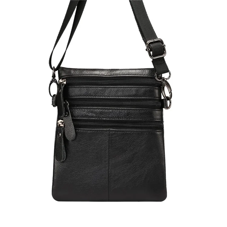 Unisex Top Layer Cowhide Genuine Leather Cross Body Bag Single Shoulder Bag Messenger Bag - Black