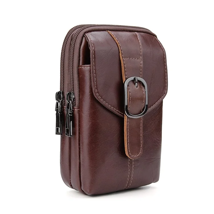 Crazy Horse Top Layer Cowhide Leather Dual Zipper Pockets Waist Bag, Size: 17x10cm
