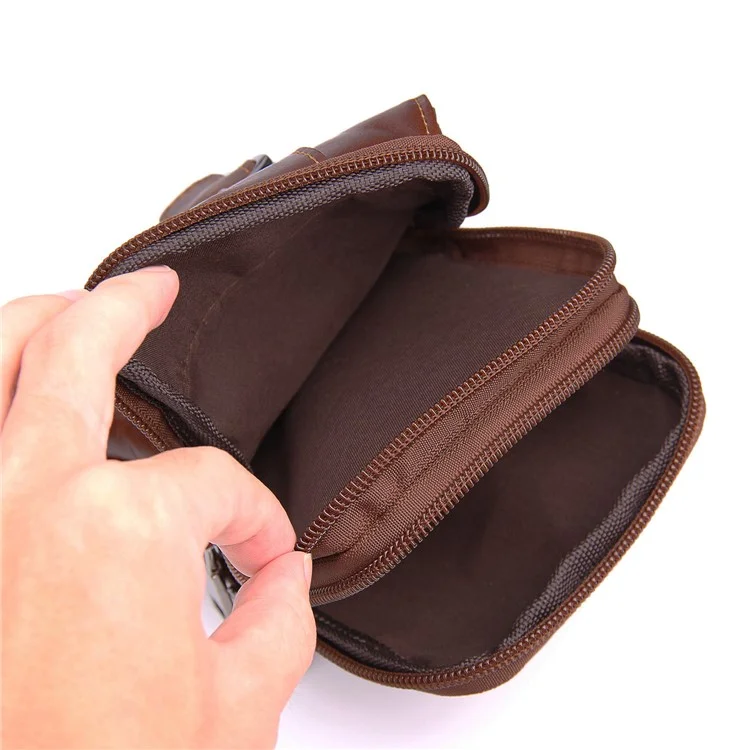 Vertical Belt Waist Pouch Bag for 6.3-inch Phone, Crazy Horse Texture Top Layer Cowhide Leather Cellphone Holster Case with Dual Zipper Pockets - Style 001