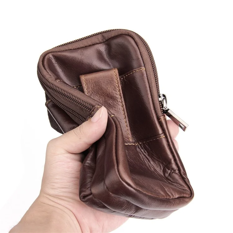 Crazy Horse Top Layer Cowhide Leather Dual Zipper Pockets Waist Bag, Size: 17x10cm