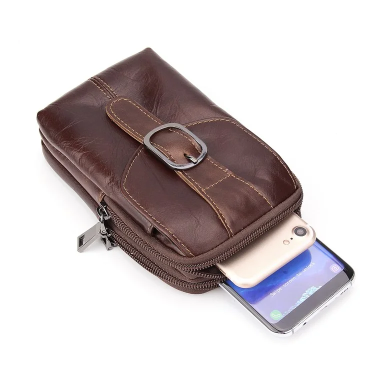 Crazy Horse Top Layer Cowhide Leather Dual Zipper Pockets Waist Bag, Size: 17x10cm