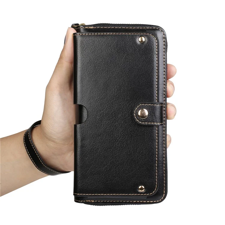 Genuine Leather Zip Pouch Wallet for iPhone 8 Plus / 7 Plus/7 Samsung Note7 Etc - Black