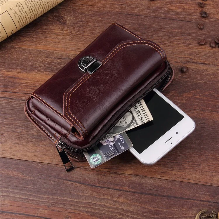 For 6.3-inch Phone Horizontal Crazy Horse Texture Top Layer Cowhide Leather Waist Bag Men's Multi-functional Purse - Style 007