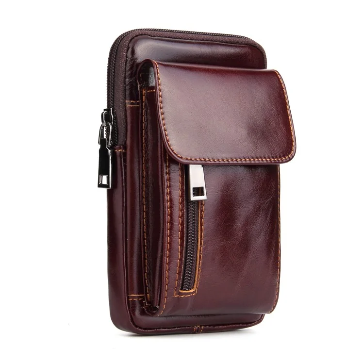 Crazy Horse Waist Bag Top Layer Cowhide Leather Zipper Pocket