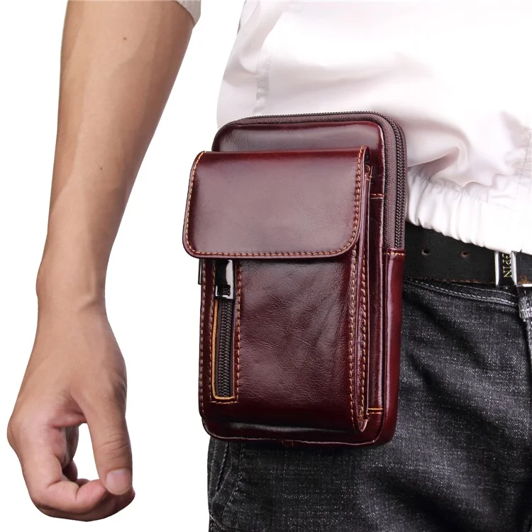 Crazy Horse Waist Bag Top Layer Cowhide Leather Zipper Pocket