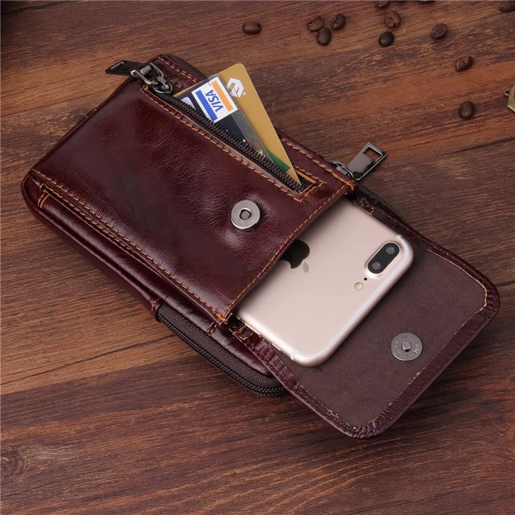 Crazy Horse Waist Bag Top Layer Cowhide Leather Zipper Pocket