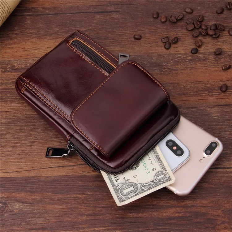 Crazy Horse Waist Bag Top Layer Cowhide Leather Zipper Pocket