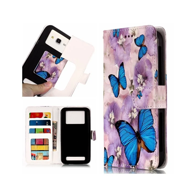 Blue Butterflies and Flower - Embossed Patterned Leather Wallet Universal Phone Case for iPhone 8 Plus/Galaxy J7 (2018)