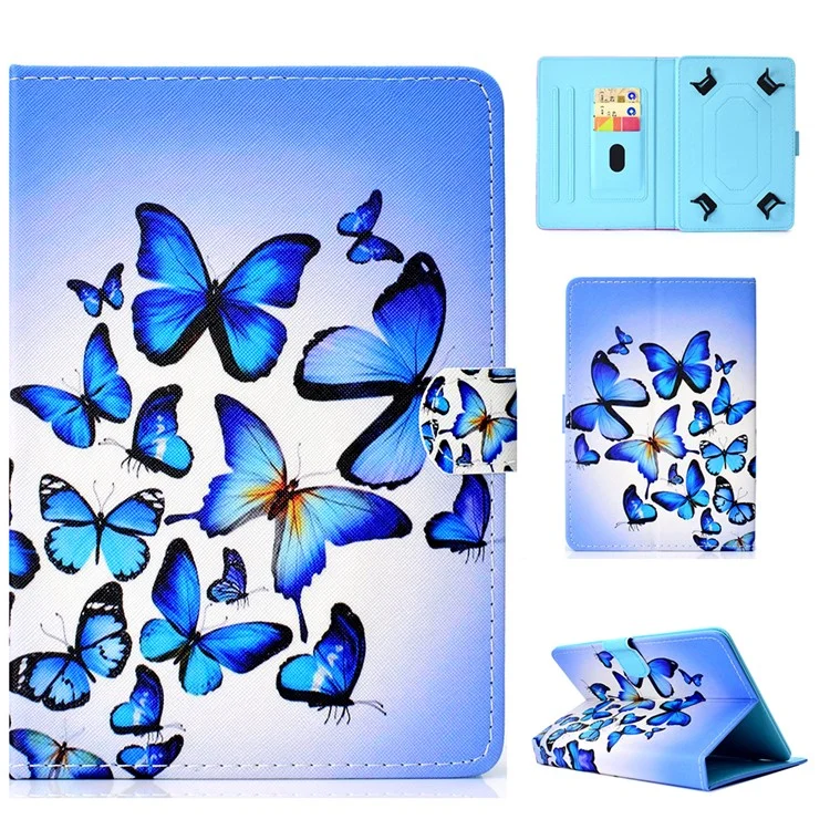 Capa de Suporte de Cartão de Couro PU Estampada Universal de 8 Polegadas para iPad mini 5 / Lenovo Tab 4 8 etc - Borboletas Azuis