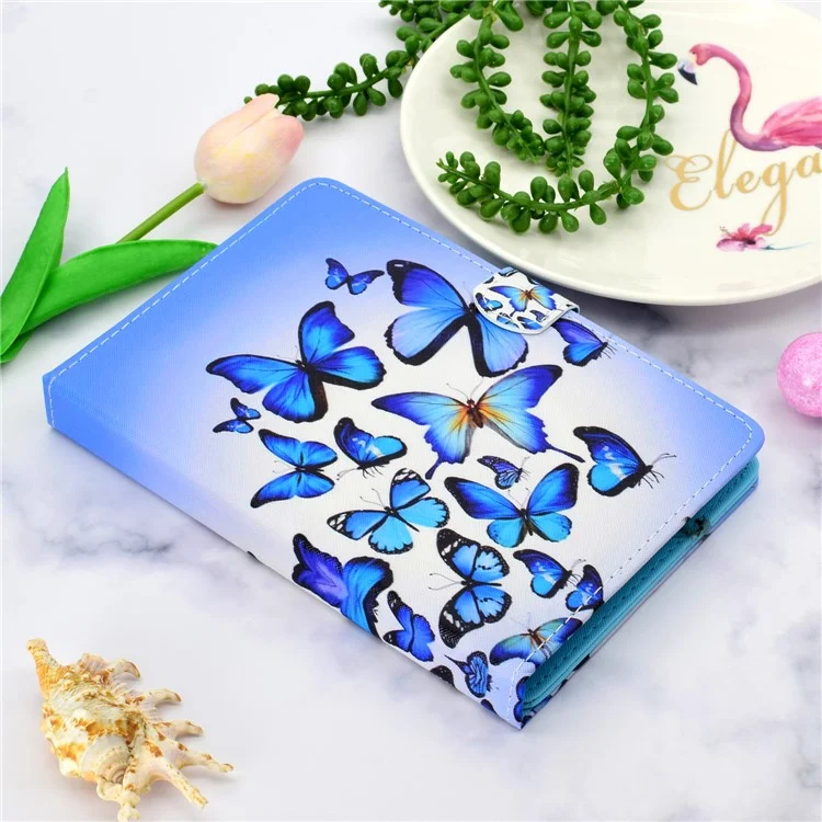 Capa de Suporte de Cartão de Couro PU Estampada Universal de 8 Polegadas para iPad mini 5 / Lenovo Tab 4 8 etc - Borboletas Azuis