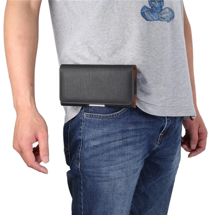 Étui universel pour téléphone portable de 6,3 pouces Litchi Skin PU Leather Cover Shell avec clip de ceinture pour homme, taille : 17 x 8,2 x 1,8 cm - Noir