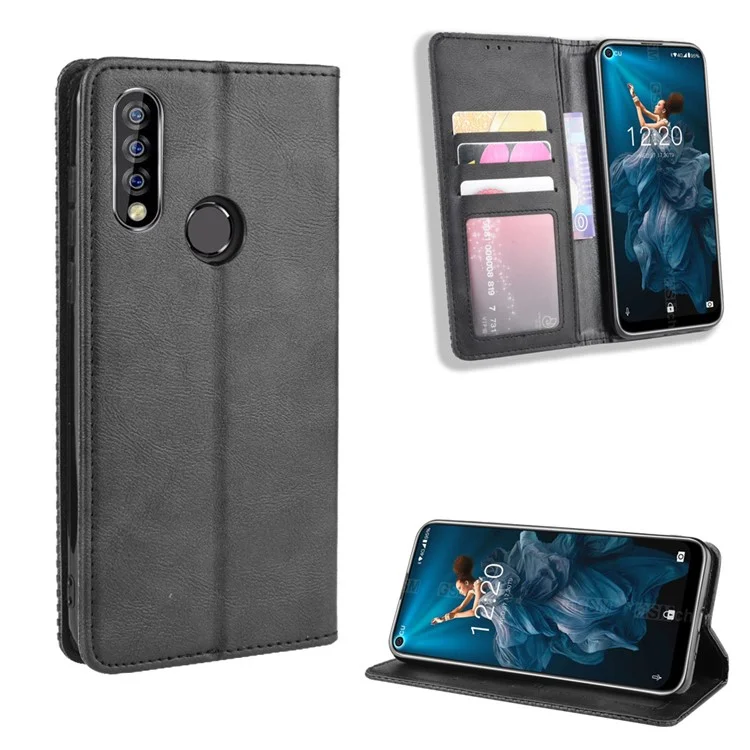 Retro Style Leather Wallet Phone Cover for Oukitel C17/C17 Pro - Black