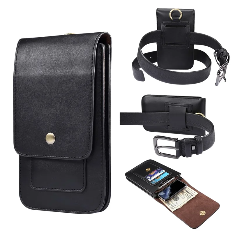 6.3-6.9 Inch Universal Wear-resistant Leather Belt Clip Phone Pouch Case for iPhone Samsung Huawei Etc. - Black