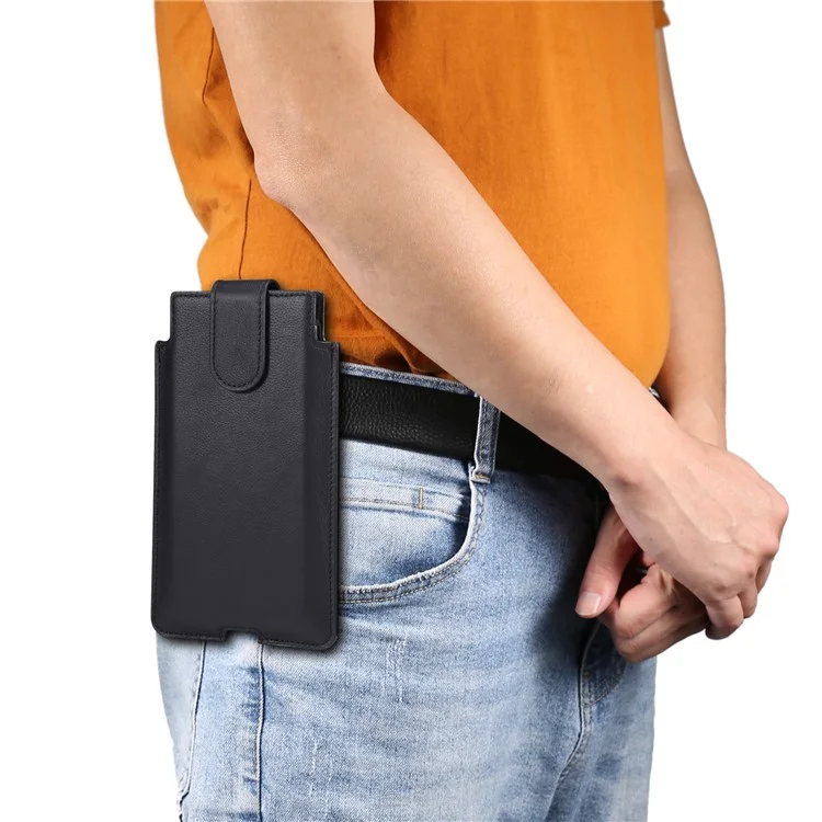 Genuine Leather Hanging Waist Bag Phone Pouch Men Side Bag Phone Case for 5.5''-6.5'' Smartphones - Black