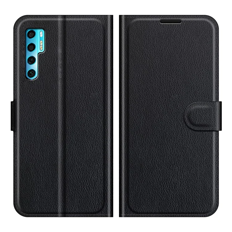 Funda de teléfono móvil de piel de litchi con diseño de cartera, funda plegable para TCL 20 Pro 5G - Negro