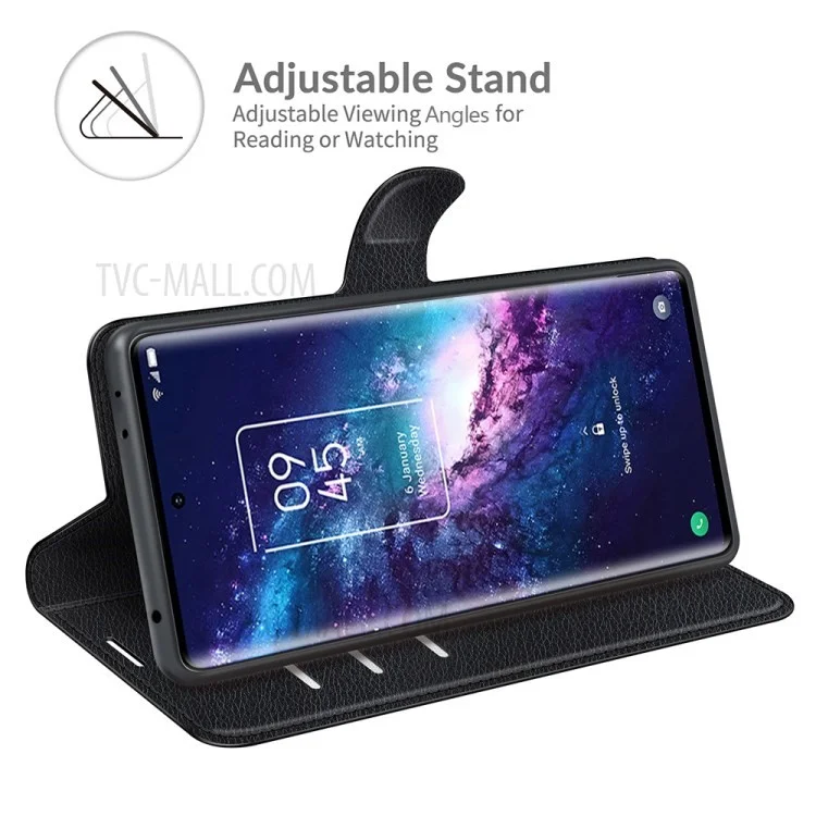Funda de teléfono móvil de piel de litchi con diseño de cartera, funda plegable para TCL 20 Pro 5G - Negro
