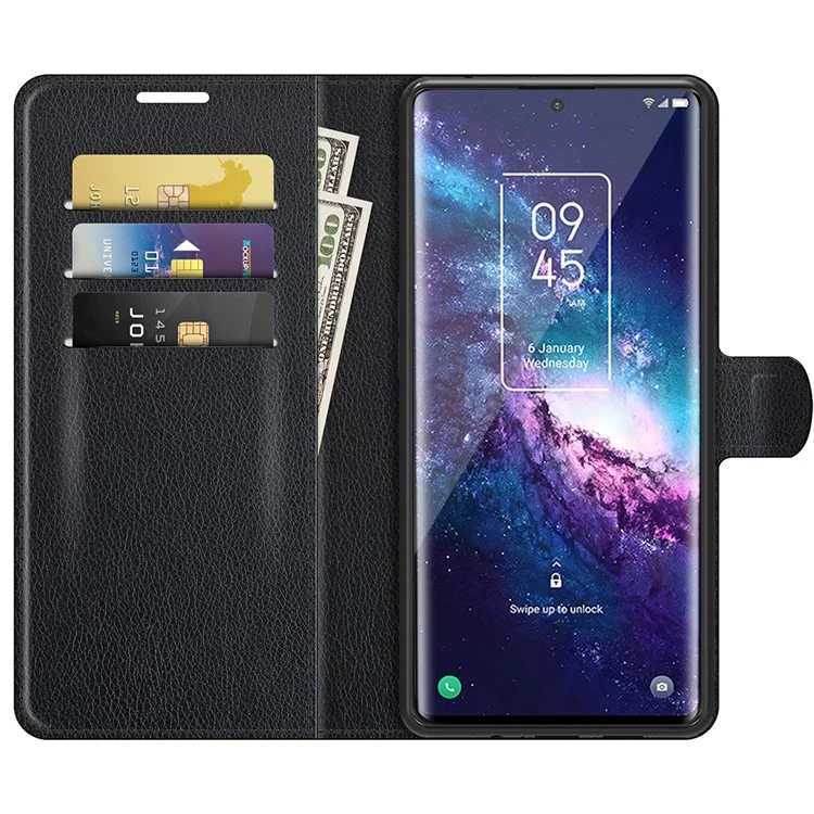 Funda de teléfono móvil de piel de litchi con diseño de cartera, funda plegable para TCL 20 Pro 5G - Negro