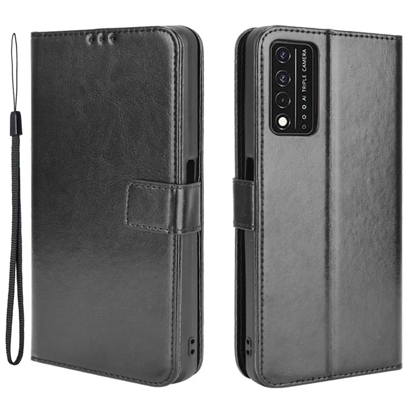 Wallet Stand Design Magnetic Clasp Closure Crazy Horse Leather Shell with Strap for T-Mobile REVVL V+ 5G - Black