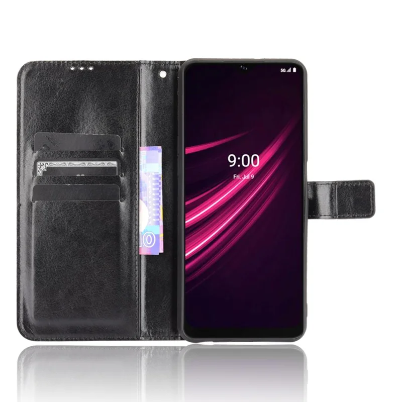 Wallet Stand Design Magnetic Clasp Closure Crazy Horse Leather Shell with Strap for T-Mobile REVVL V+ 5G - Black